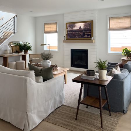 Living room, Homebyjulianne, moody home decor, light academia decor, jute rug, layered rugs, Loloi rug Chris loves Julia antique mist wool rug, pottery barn white slip covered couch, console table, affordable art, transitional home decor, modern organic home, 

#LTKhome #LTKSeasonal #LTKHalloween