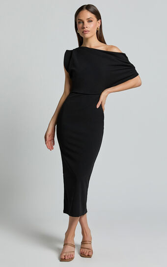 Nalfie Midi Dress - Tipped Shoulder Jersey Drape Dress in Black | Showpo (US, UK & Europe)