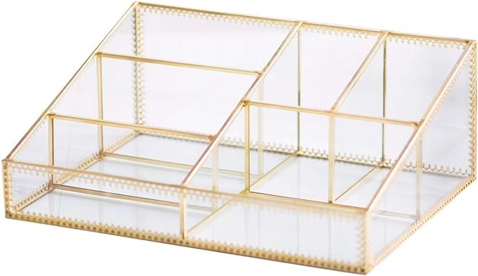 Makeup Organizer Antique Countertop Cosmetic Storage Box Glass Beauty Display, Gold Spin Large Ca... | Amazon (US)