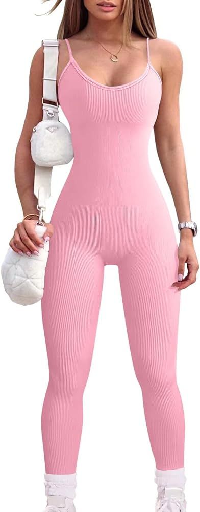 OQQ Women's Yoga Jumpsuits Sexy Ribbed One Piece Spaghetti Straps Tummy Control JumpSuits | Amazon (US)