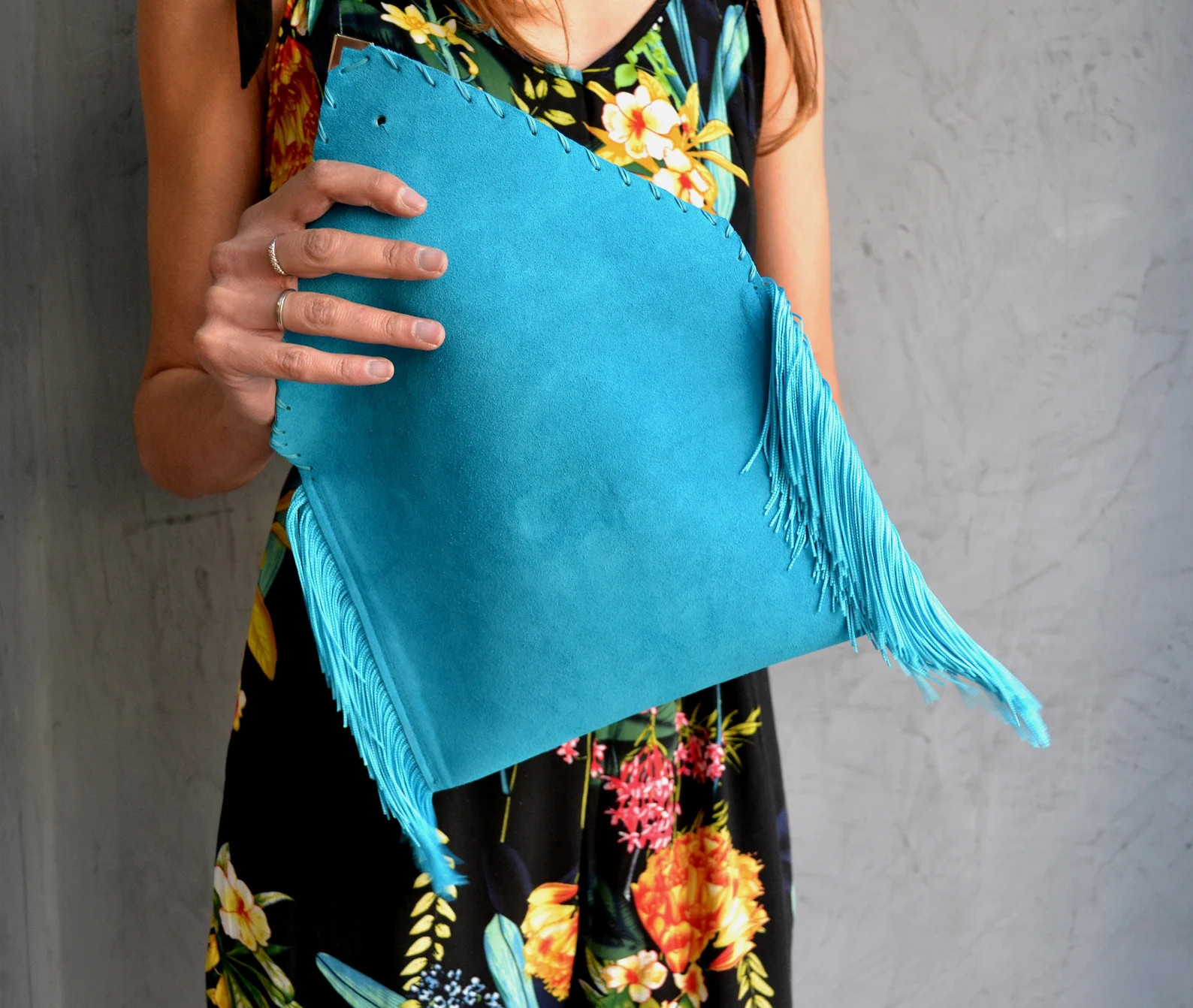 Turquoise Suede Fringe Clutch: Handmade Leather Wristlet | Etsy (US)