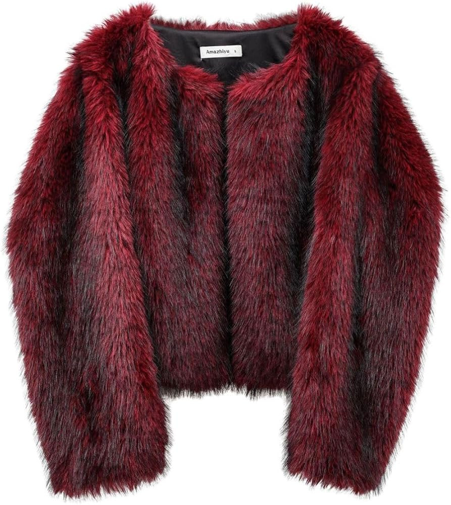 Amazhiyu Women's Faux Fur Long Sleeve Open-front Winter Cropped Coat with Pockets | Amazon (US)