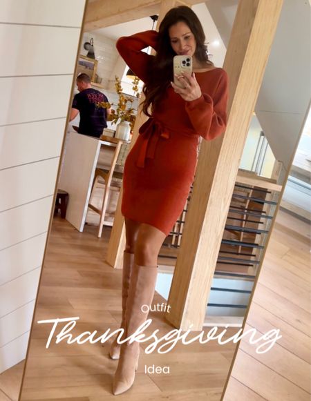 Thanksgiving Holiday Outfit Idea 🍂 I love wearing this burnt orange color on Thanksgiving and in the fall, but this sweater dress comes in many different colors. I’m wearing it with tall neutral tan boots, but it can be paired with booties. It can be worn on or off the shoulder and the belt is removable. I love the thick ribbed fabric and balloon sleeves! I’m a Medium in this. 

🏷️ Affordable outfit , fall outfit , off the shoulder sweater dress , belted dress , thanksgiving outfit 

#LTKparties #LTKHoliday #LTKSeasonal