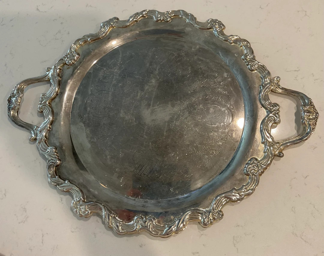 Antique Silver Plated Large Serving Tray / Platter With Scrolled Rimand Etched Base - Etsy | Etsy (US)