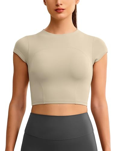 ENERBLOOM Workout Crop Tops for Women Yoga Short Sleeve Mild Support Slim Fit Cropped Athletic Shirts Gym Tee Built in Bra Khaki Small | Amazon (US)