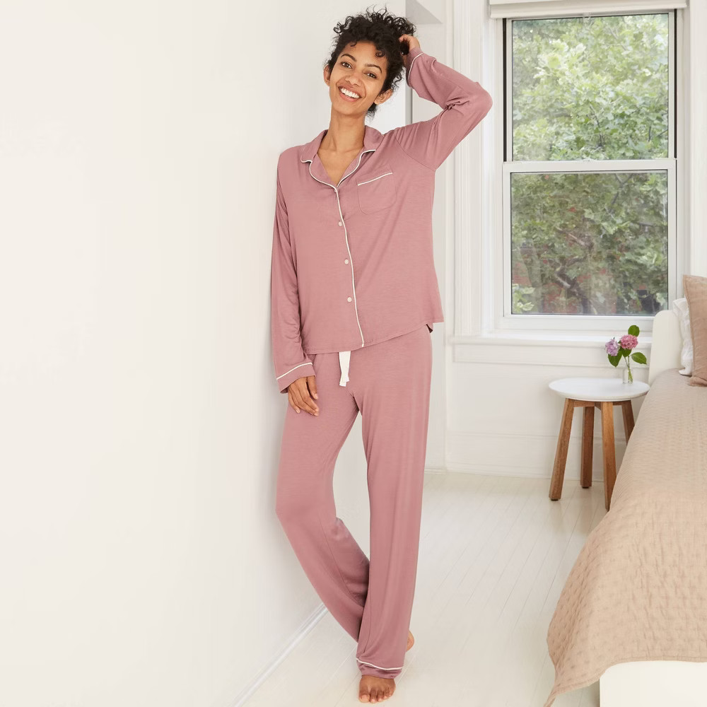 Women's Beautifully Soft Long Sleeve Notch Collar Top and Pants Pajama Set - Stars Above™ | Target