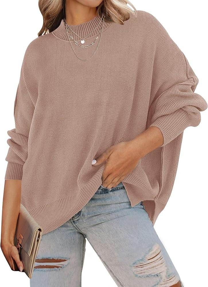 ZESICA Women's 2023 Fall Casual Long Sleeve Crew Neck Side Slit Oversized Ribbed Knit Pullover Sweat | Amazon (US)