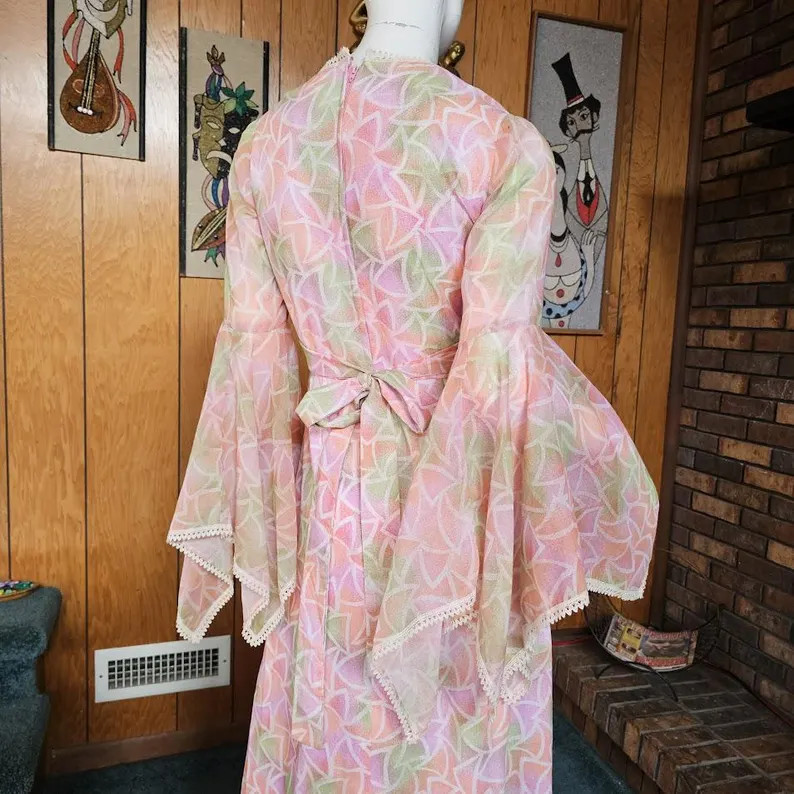 Vintage 70s Angel Sleeve Hippie Goddess Pink Sheer Voile Hostess Maxi Dress Gown S | Etsy (Global)