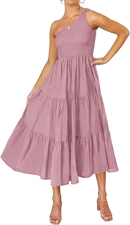 KIRUNDO 2022 Women's Summer One Shoulder Dress Solid Color Sleeveless High Waist Flowy Midi Dress... | Amazon (US)