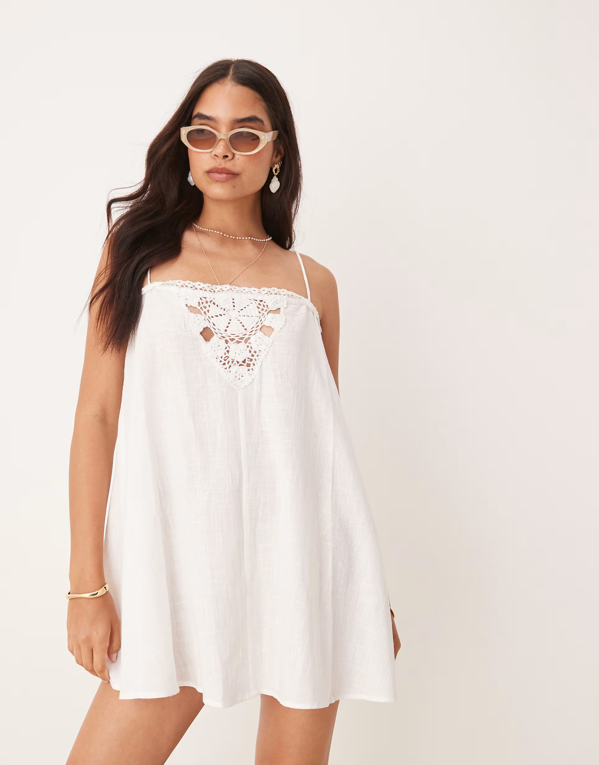 ASOS DESIGN textured doily insert mini beach dress in white | ASOS (Global)