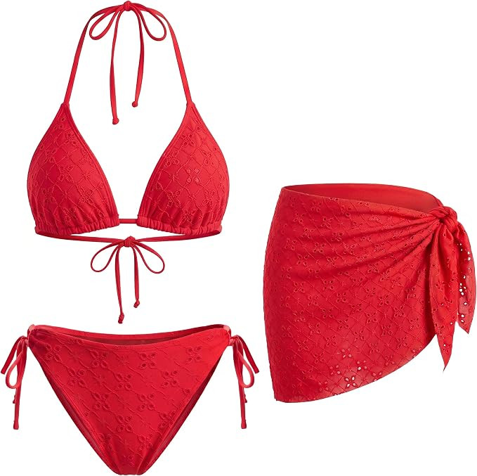 Women 3 Piece Swimsuits - Sexy Triangle Bikini Sets with Cover Up Halter String Tie Side Bathing ... | Amazon (US)