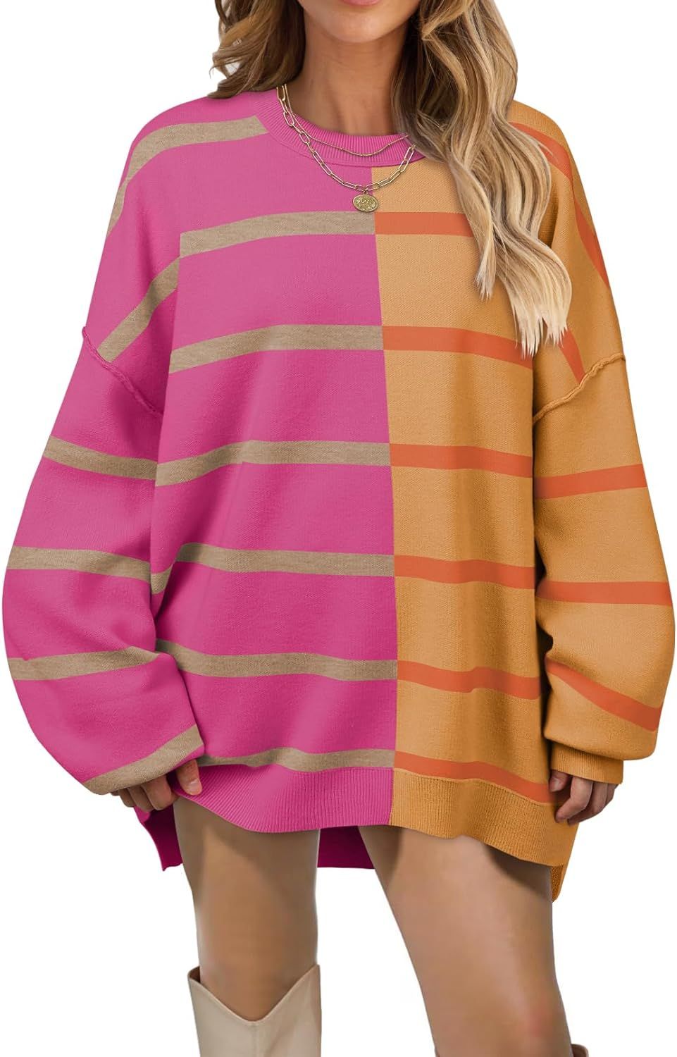 MEROKEETY Women's 2023 Striped Oversized Sweater Long Sleeve Color Block Casual Knit Pullover Top | Amazon (US)