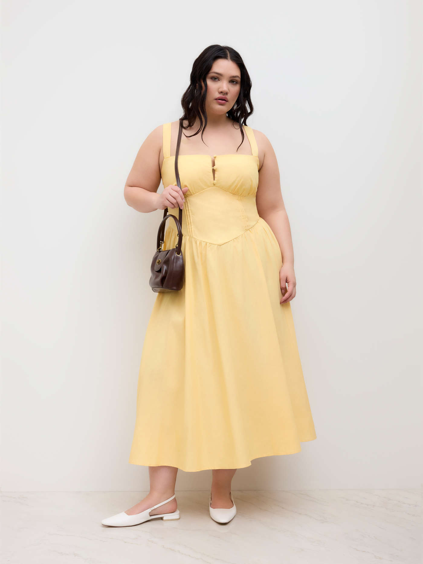 Woven Cotton-blend Square Neck Lace Up Ruffle Maxi Dress Curve & Plus For Daily Casual | Cider