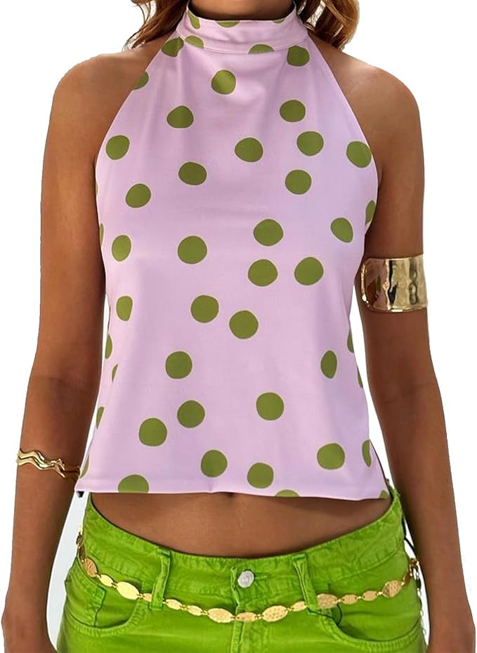 Women Y2K Halter Top Sexy Sleeveless Backless Mock Neck Floral Print Tank Top Polka Dot Camisole | Amazon (US)