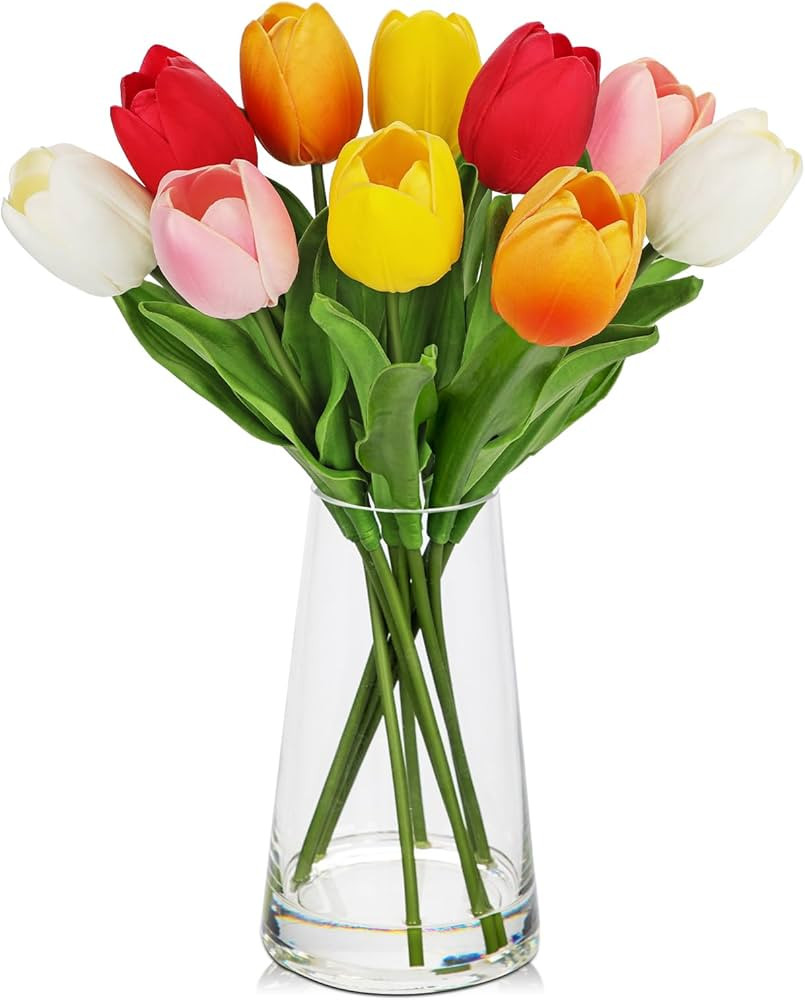 Fake Tulips Artificial Tulip Flowers in Glass Vase with Faux Water, 14.2" Real Touch Purple Tulip... | Amazon (US)