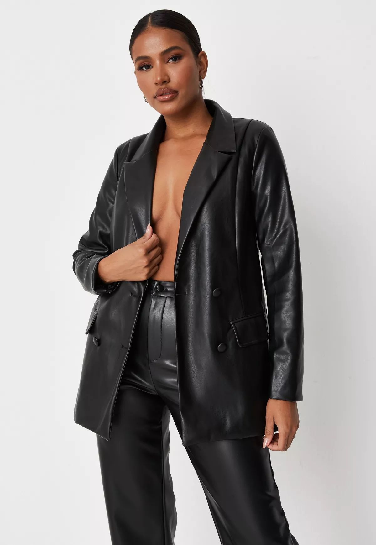 Black Soft Faux Leather Oversized Blazer | Missguided (US & CA)