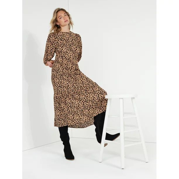 Time and Tru Women's Tie-Back Midi Dress with Elbow Length Sleeves, Sizes XS-XXXL | Walmart (US)