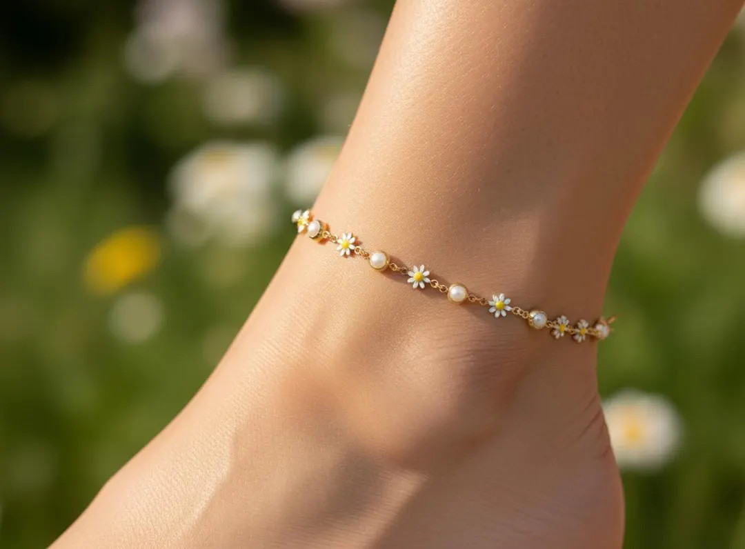 Floral Pearl Charm Anklet | Gold-plated Brass Daisy Chain Anklet | Dainty Jewelry, Anklet for Wom... | Etsy (Global)