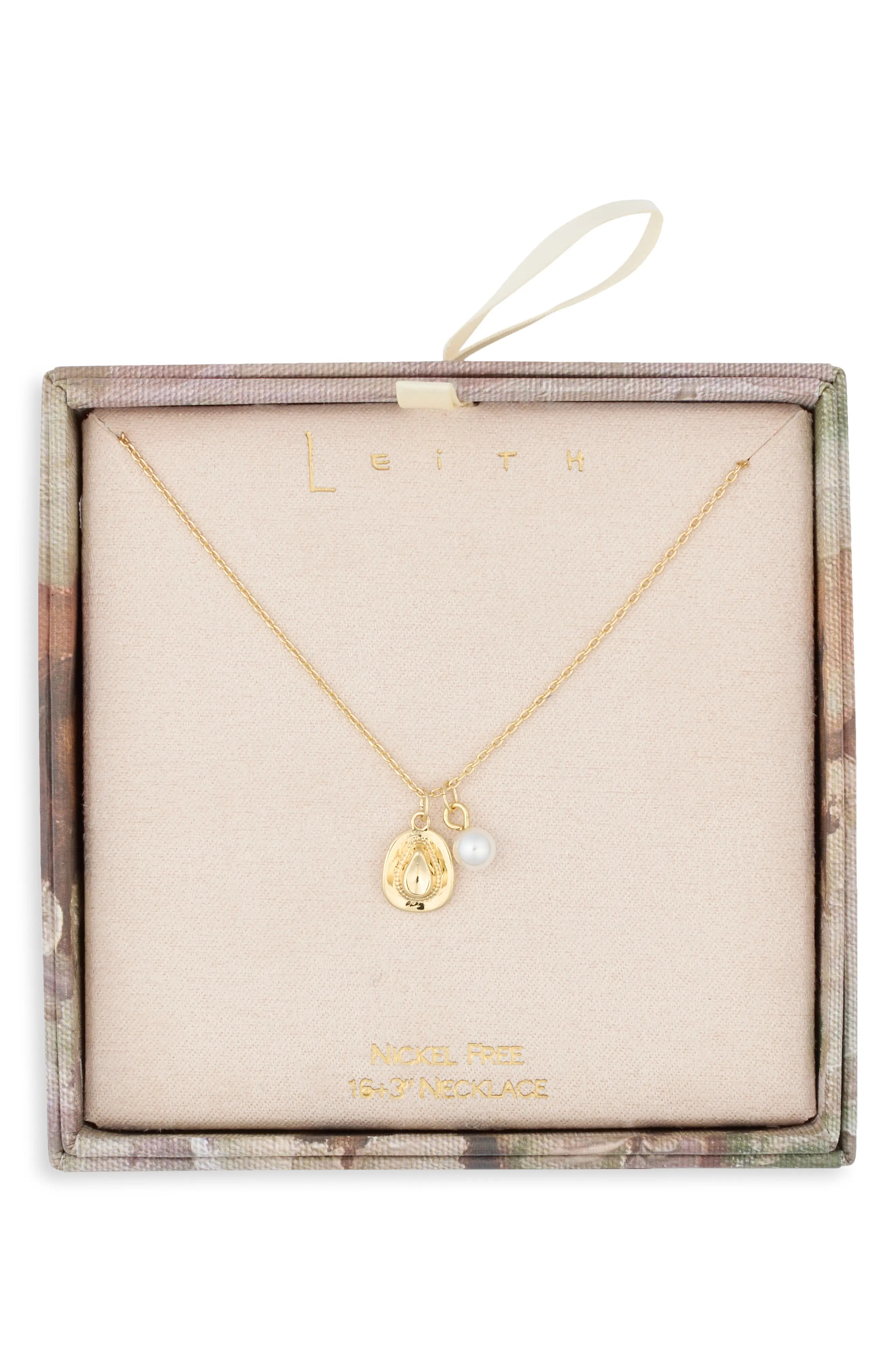 Leith Cowboy Hat and Imitation Pearl Pendant Necklace in White- Gold at Nordstrom Rack | Nordstrom Rack
