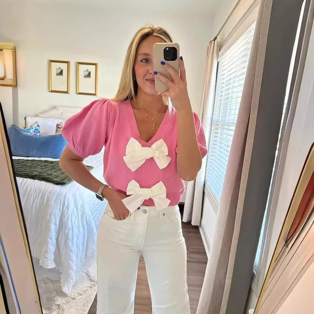 Jersey de punto con lazo para mujer, jersey con cuello en V y manga corta abullonada, ropa de cal... | AliExpress (US)