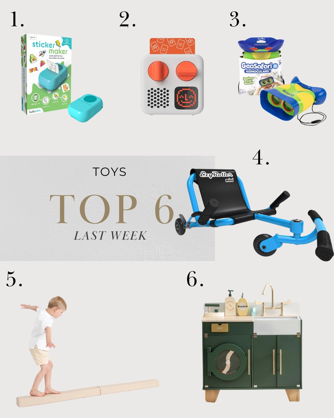 Our top six favorite toys and the ones you shopped most last week.
1. The sticker maker will make a great holiday gift for your crafty kids.
2. Our favorite portable storytelling box.
3. Binoculars for your little explorer.
4. The ride on toy my boys insist on taking to the park every weekend.
5. An aesthetically pleasing balance beam.
6. A modern wooden pretend play washing machine.

#GiftsForKids #GiftGuideForKids #RideOnToys #BalanceToys#ScreenFreeToys #Storyteller

#LTKHoliday #LTKKids #LTKGiftGuide