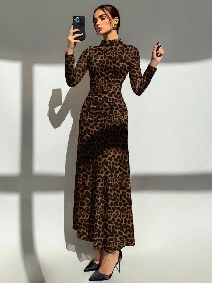 Aloruh Casual Leopard Print Stand Collar Cinched Waist Long Sleeve Dress For Women, Suitable For ... | SHEIN