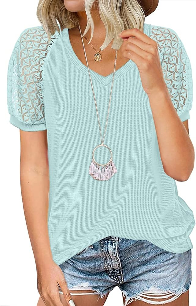 MIHOLL Women's Lace Short Sleeve V Neck Shirts Loose Casual Tops Tee Shirt | Amazon (US)