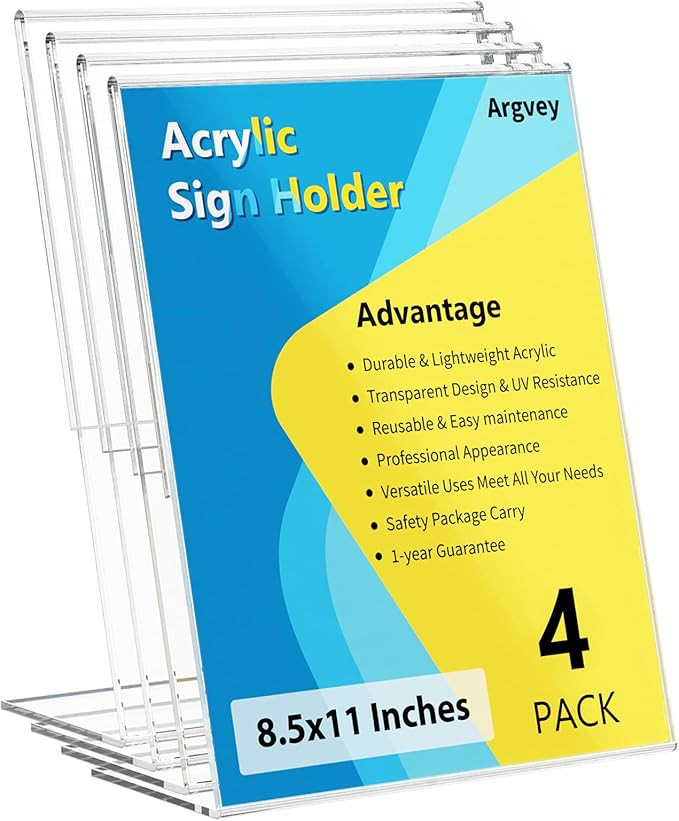 Argvey 4 Pack Acrylic Sign Holder 8.5x11, Clear Plastic Slanted Back Sign Holders, Desktop Papers... | Amazon (US)
