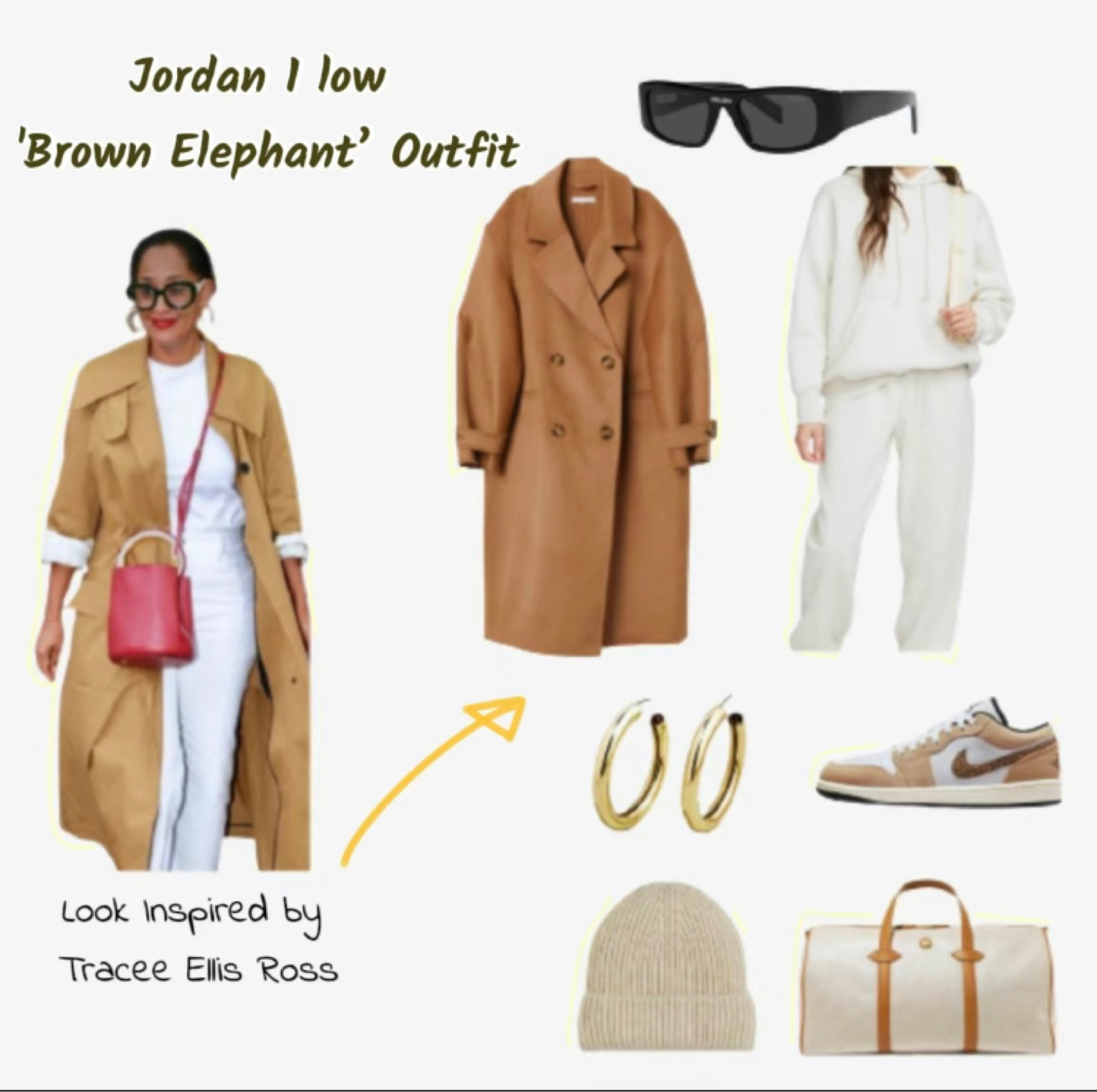 Jordan 1 Low ‘Brown Elephant’ outfit, fall outfit idea, fall season, Nike, black glasses, white tracksuit, brown coat, brown and white sneakers, travel bag, gold hoop earrings

#LTKSeasonal #LTKFind #LTKstyletip
