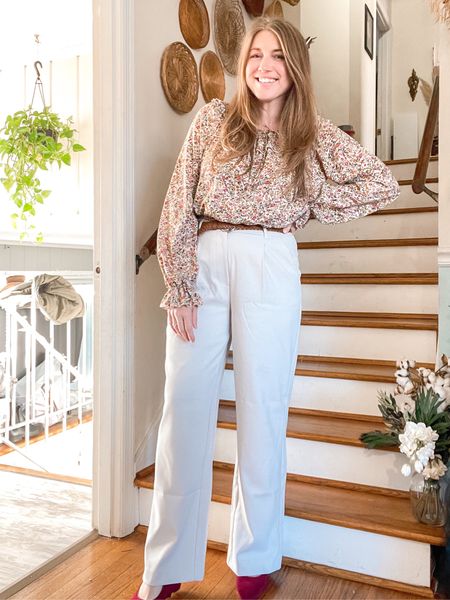 Bridal shower outfit. Bridal shower guest outfit. Floral blouse with trousers, ankle strap wedges. Business outfit idea. Floral ruffle blouse.

#LTKstyletip #LTKover40 #LTKfindsunder50