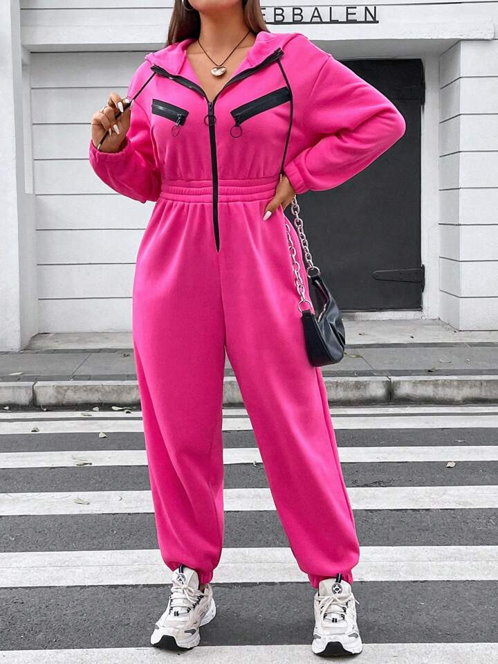 Plus Zip Front Drawstring Hooded Jumpsuit | SHEIN