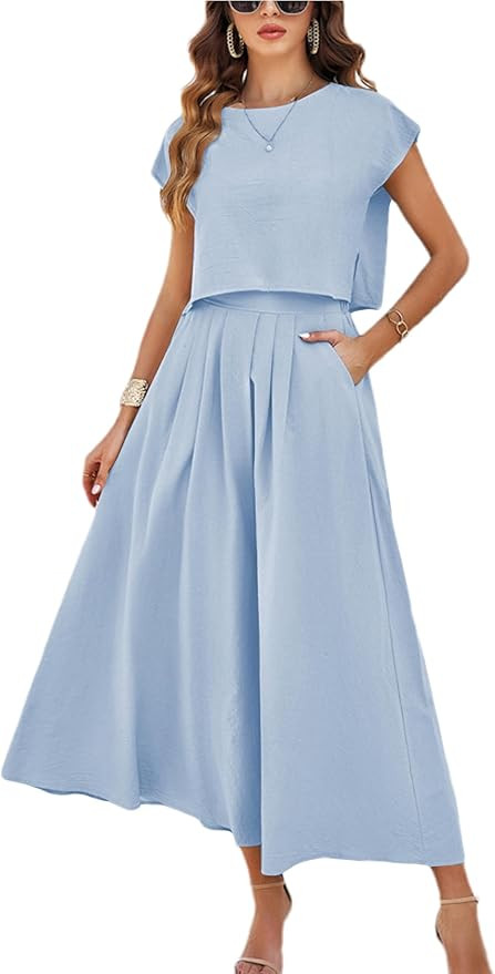 HangNiFang Summer Skirt Sets Women 2 Piece Outfits Cap Sleeve Top Elastic Waist Lightweight Maxi ... | Amazon (US)