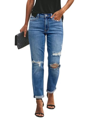 KUNMI Women's Ripped Mid Waisted Boyfriend Jeans Loose Fit Distressed Stretchy Denim Pants | Amazon (US)