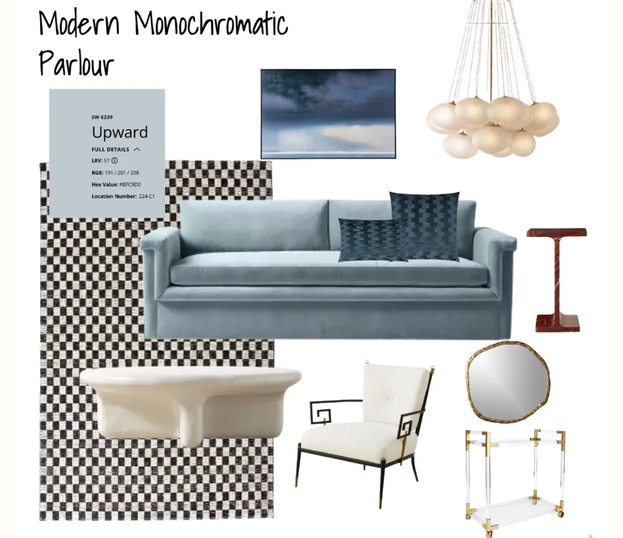 Trending now are blue on blue rooms. kitchens and bathrooms have been using blue in cabinets, walls, and floors, but we are seeing blue furniture and decor too. Items such as rugs and lighting are also turning blue. It’s a very calming vibe. As soon as I saw this CB2 blue sofa, I was in love. It reminds me of time when the first room in the house was the parlour, or the “formal” living room for when guests were over. I paired it with an almost matching wall and navy in the pillows for the monochromatic look but kept the rest of it neutral so it can be the star of room. Don’t be afraid to add a pop of red, which is also trending in fashion by using a red marble cocktail table, lamp or abstract art. #upward #calmingblues
#coloroftheyear 

#LTKhome #LTKstyletip