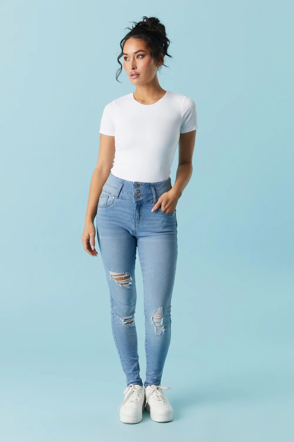 Refuge 3-Tier High-Rise Push-Up Distressed Light Wash Skinny Jean | Charlotte Russe