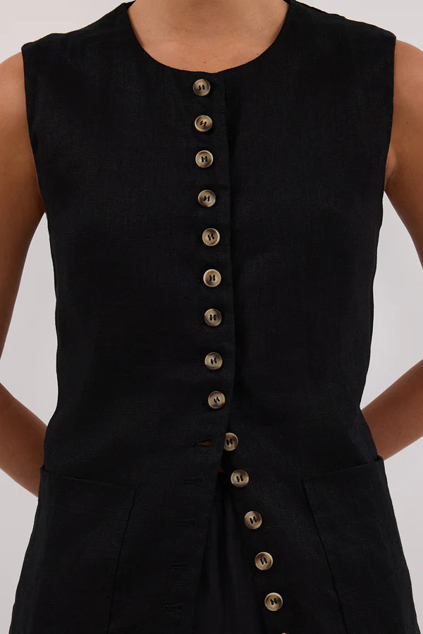 TILLY BLACK LINEN LONGLINE VEST | DISSH
