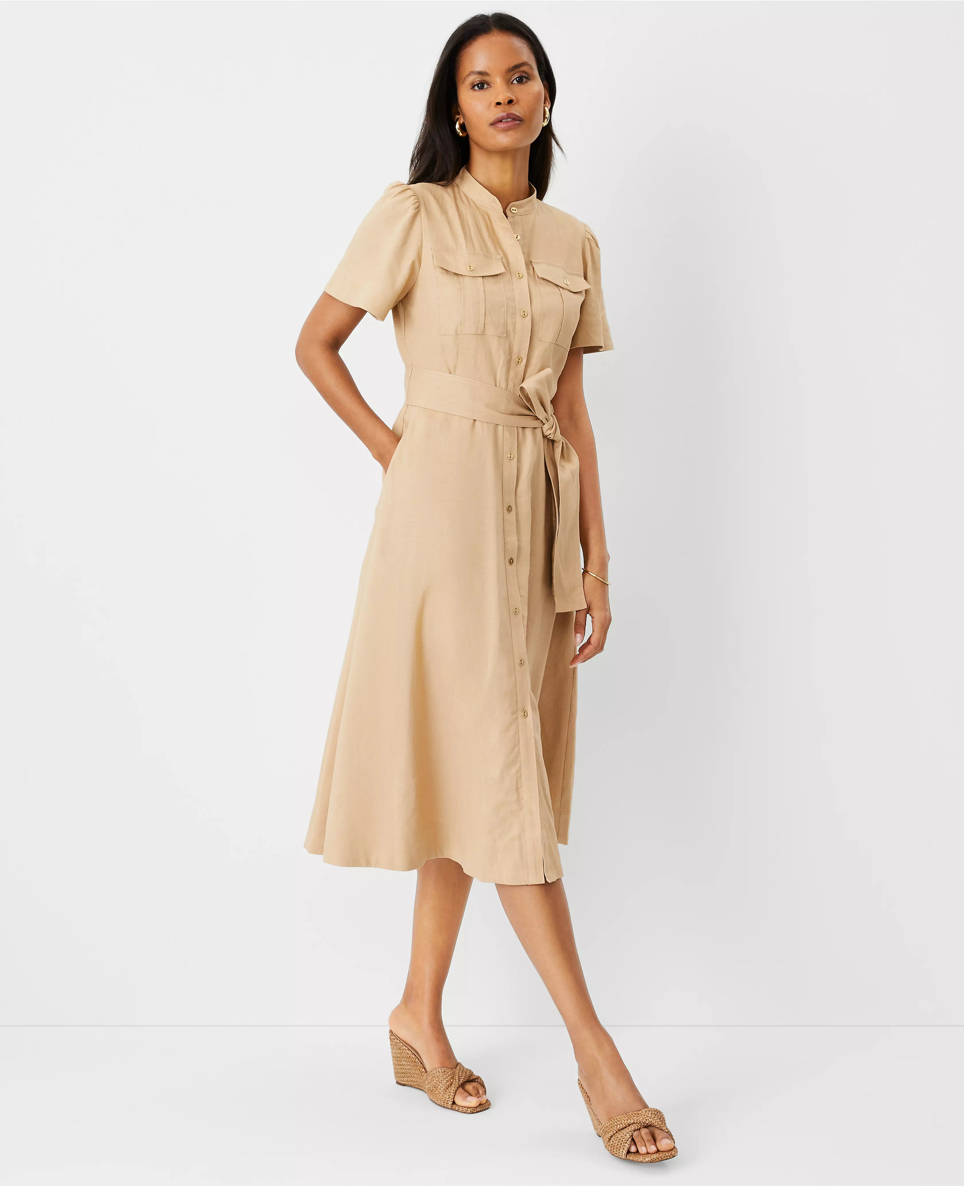 Petite Linen Blend Pocket Midi Shirtdress | Ann Taylor (US)