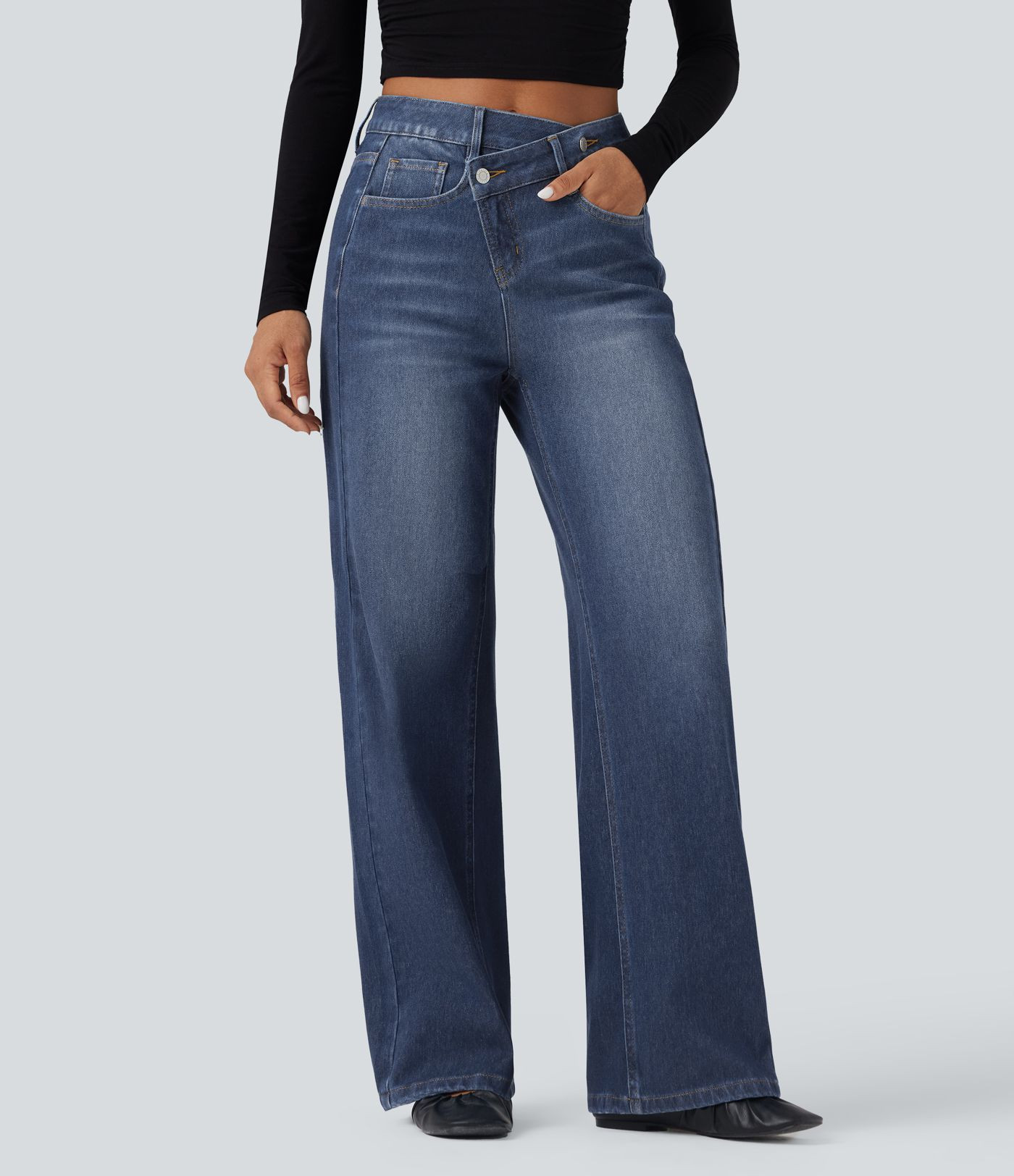 Halara Flex™ Asymmetric High Waisted Washed Casual Baggy Jeans with Pockets | HALARA