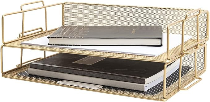 Blu Monaco Gold Desk Organizer Stackable Paper Tray Set of 2 - Metal Wire Two Tier Tray - Stackable  | Amazon (US)