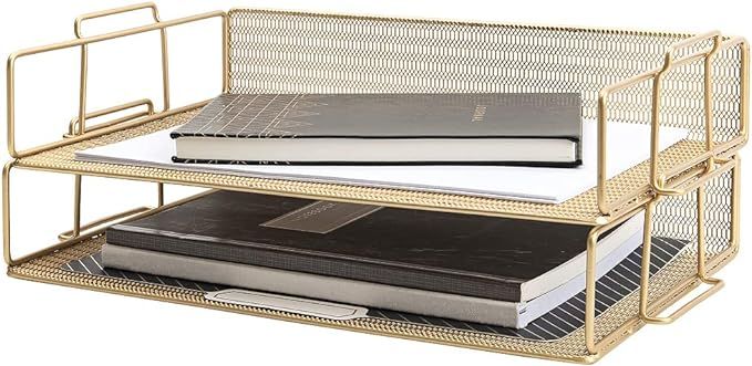 Blu Monaco Gold Desk Organizer Stackable Paper Tray Set of 2 - Metal Wire Two Tier Tray - Stackable  | Amazon (US)
