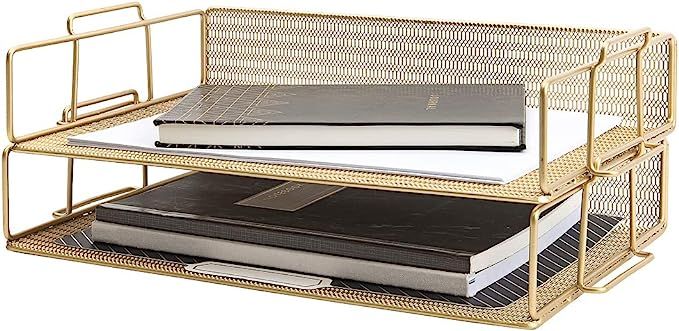 Blu Monaco Gold Desk Organizer Stackable Paper Tray Set of 2 - Metal Wire Two Tier Tray - Stackab... | Amazon (US)