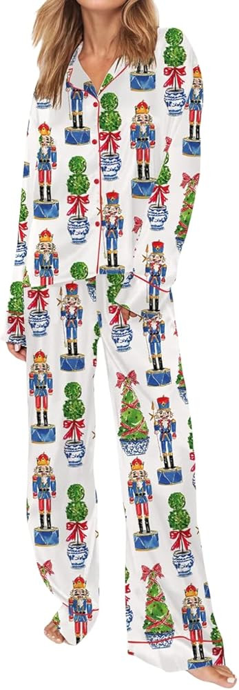 Amiblvowa Christmas Pajamas Set for Women Santa Bow Button down Shirt Pants Pj Sets Holiday Vocat... | Amazon (US)