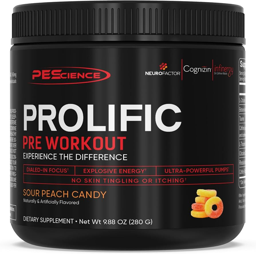 PEScience Prolific Pre Workout Powder, Sour Peach Candy, 40 Scoop, Energy Supplement with Nitric ... | Amazon (US)