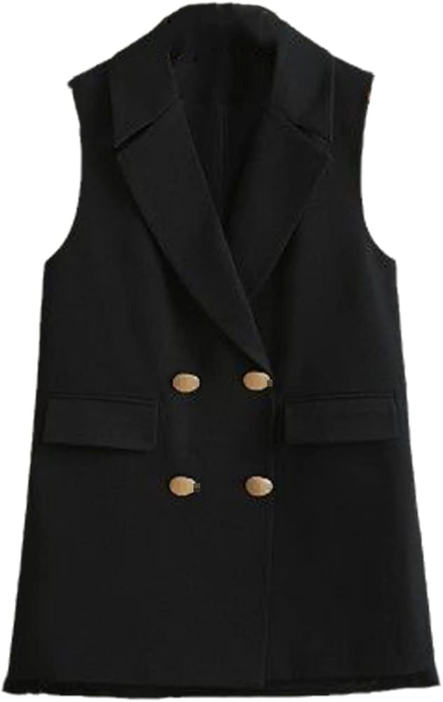 Vogrtcc Women Office Long Casual Vest Double Breasted Loose Black Waistcoat Elegant Sleeveless Ou... | Amazon (US)
