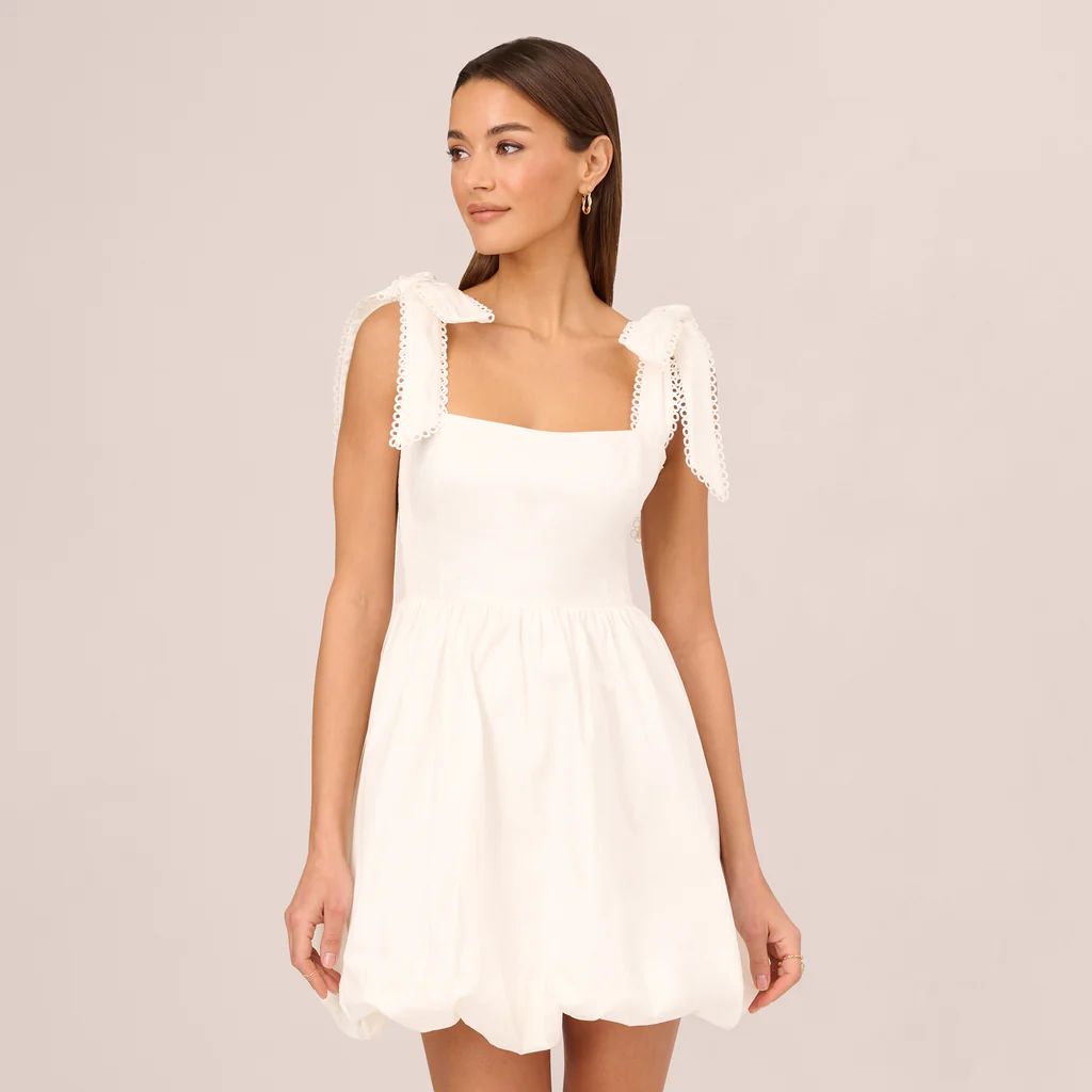 Short Bubble Dress With Bow Tie Straps In White | Adrianna Papell
