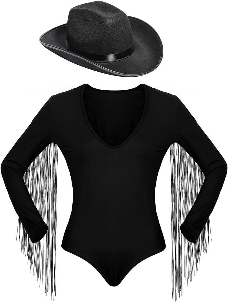 Haysandy Women's Fringe Trim Long Sleeve Low Cut Bodysuit Top with Cowboy Hat, Cowgirl Outfits fo... | Amazon (US)