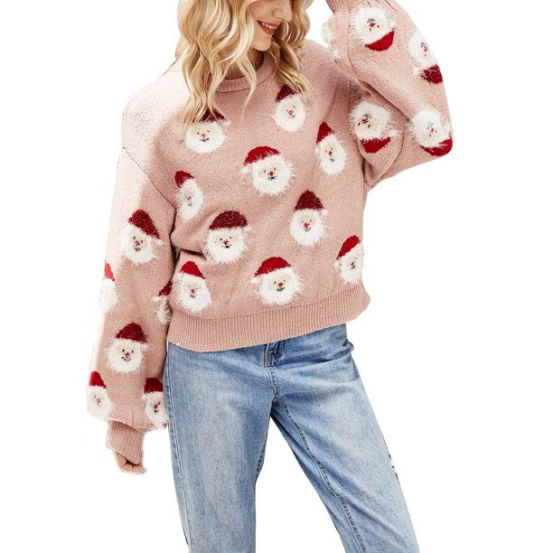 Women?s Christmas Sweaters, Cute Santa Claus Print Long Sleeve Crewneck Knitted Loose Pullovers -... | Walmart (US)