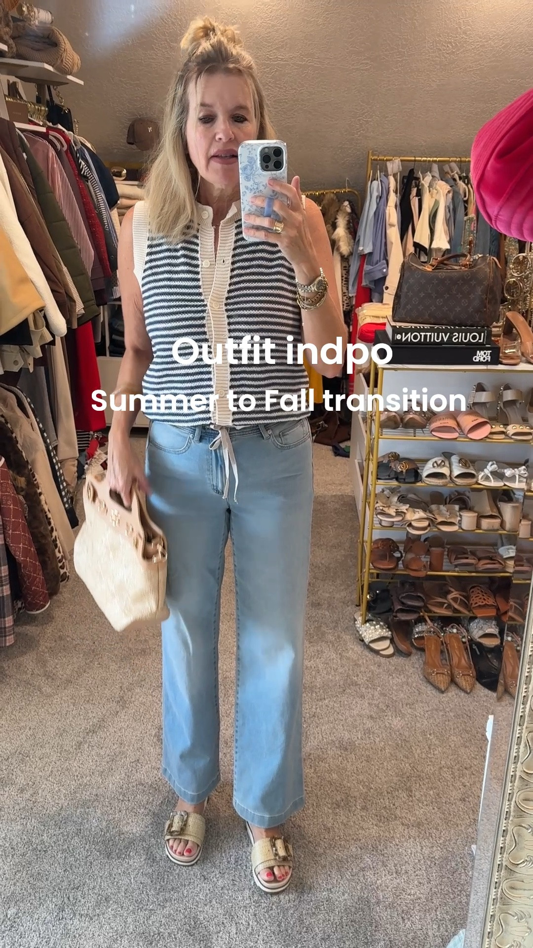 Summer to fall transition 
Outfit inspo

Wide leg jeans- to front detail light wash and light weight..tts 

Light weight/ button up sweater tank tts 

Caroline hill straw bag 

Sam Edelman sandals 

Wooden Chico hoop earrings 
Resign affordable bracelet

#LTKootd #LTKgrwm #LTKOver40