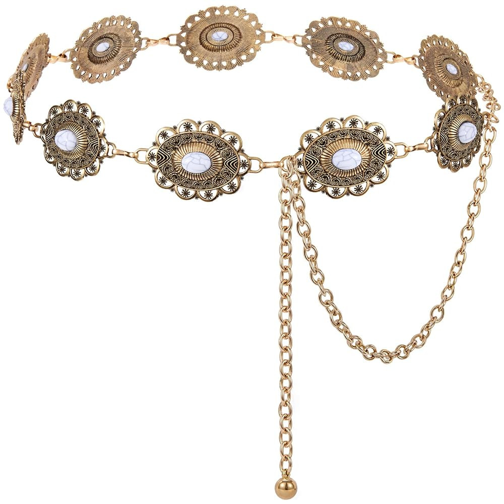 XZQTIVE Women Boho Chain Belts For Dresses Jeans Western Cowgirl Waist Links Belt Adjustable Meta... | Amazon (US)