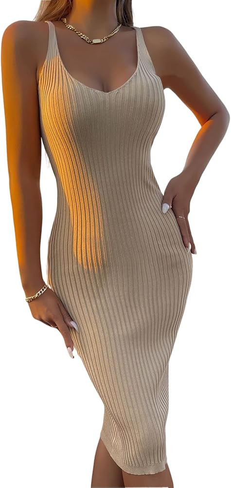 SOLY HUX Women's Elegant Ribbed Knit Sleeveless V Neck Bodycon Pencil Midi Dress Solid Long Summe... | Amazon (US)